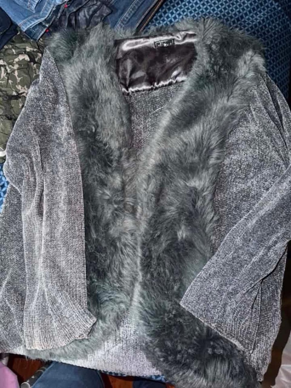 Lisa International Charcoal Gray Faux-Fur Trim Knit Cardigan